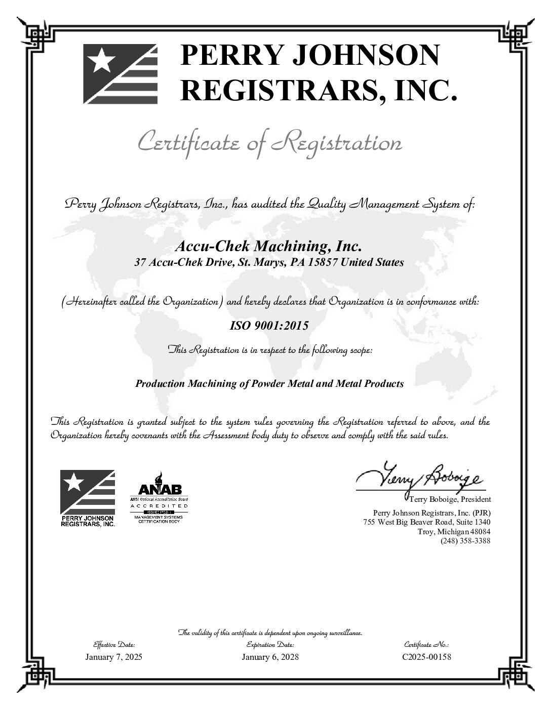 Accu-Check Machining Inc, certification